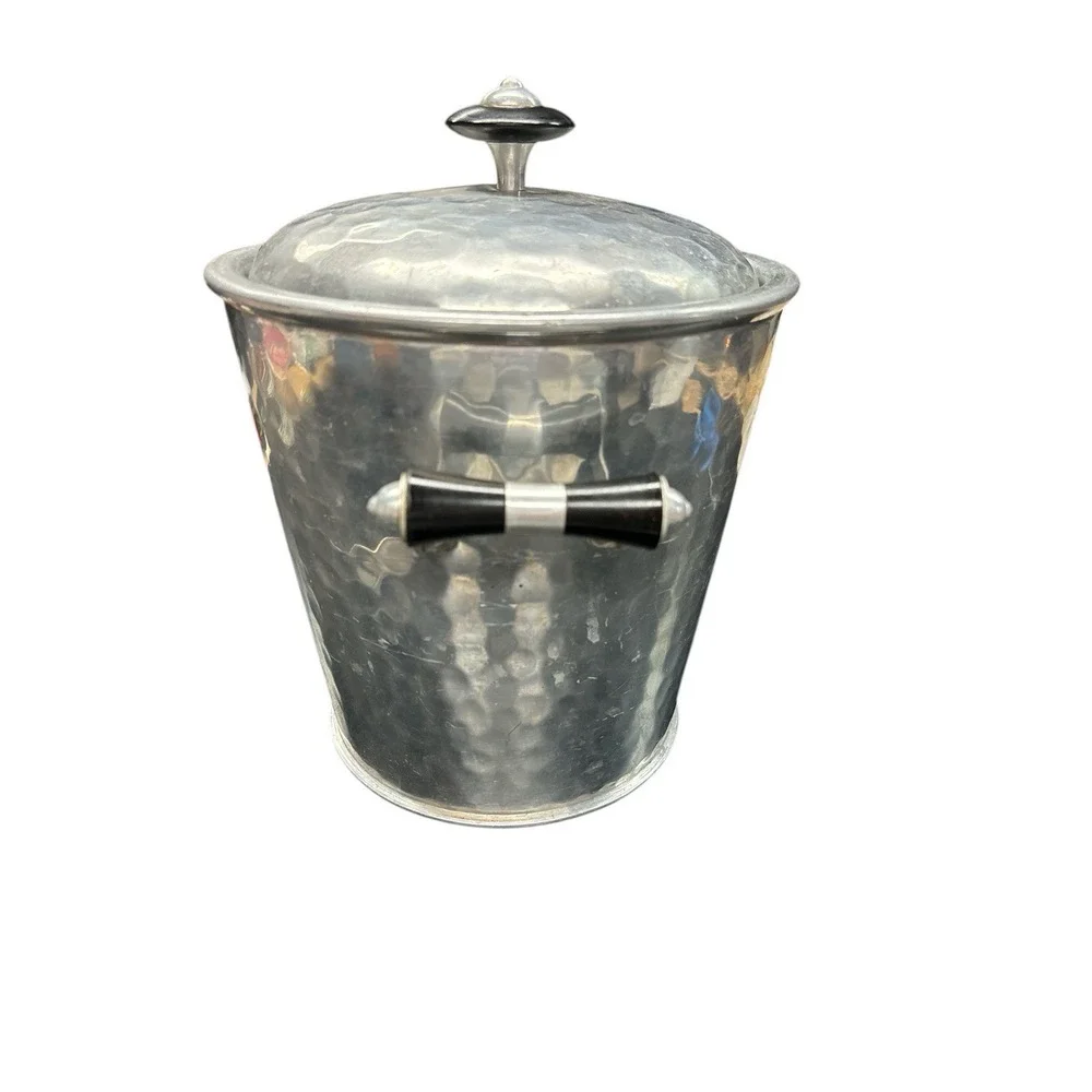 Vintage Mid Century MMM SA Brand Hammered Aluminum‎ Ice Bucket W/Tongs Spain